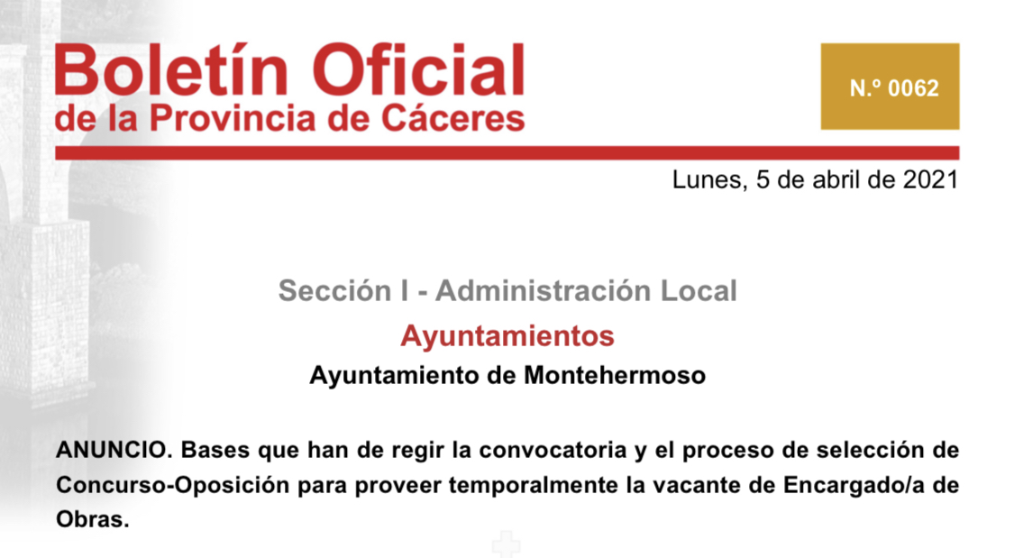 Concurso-Oposición para proveer temporalmente la vacante de Encargado/a de Obras. – Excmo. Ayuntamiento de Montehermoso