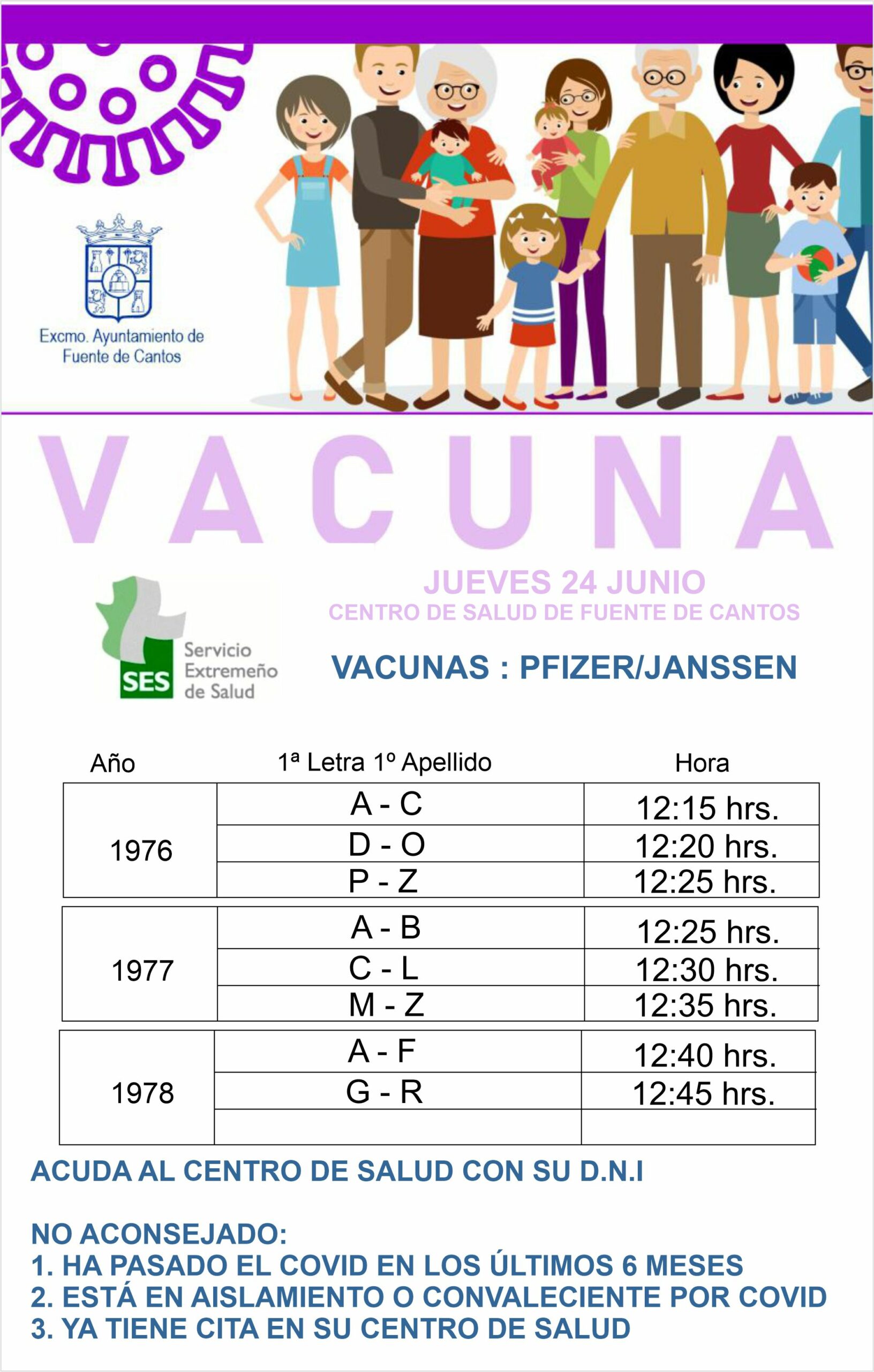 Llamamiento Vacunación Jueves día 24 de Junio