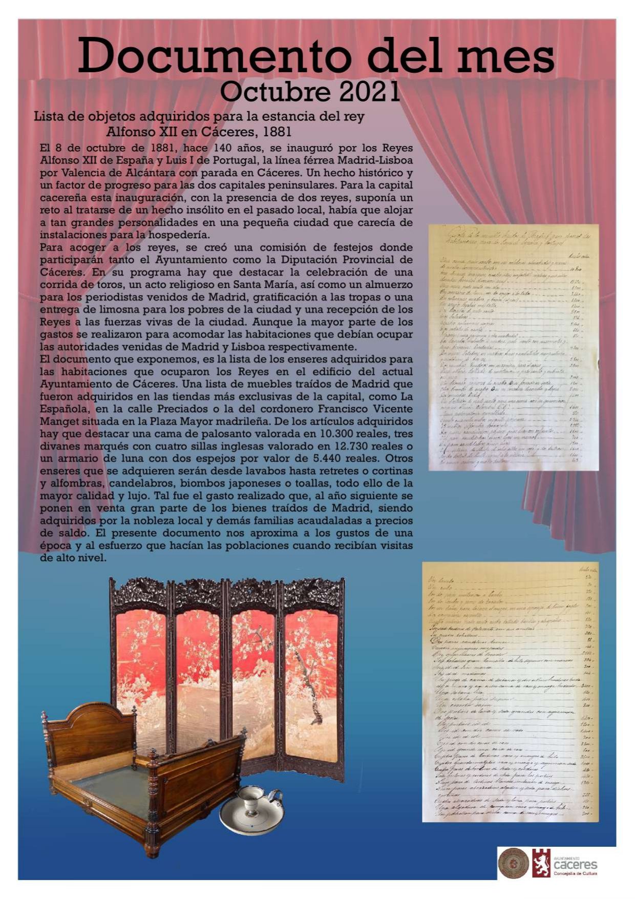 El Palacio de la Isla expone como ‘Documento del Mes’ de octubre la lista de objetos adquiridos para la estancia del rey Alfonso XII en Cáceres en 1881