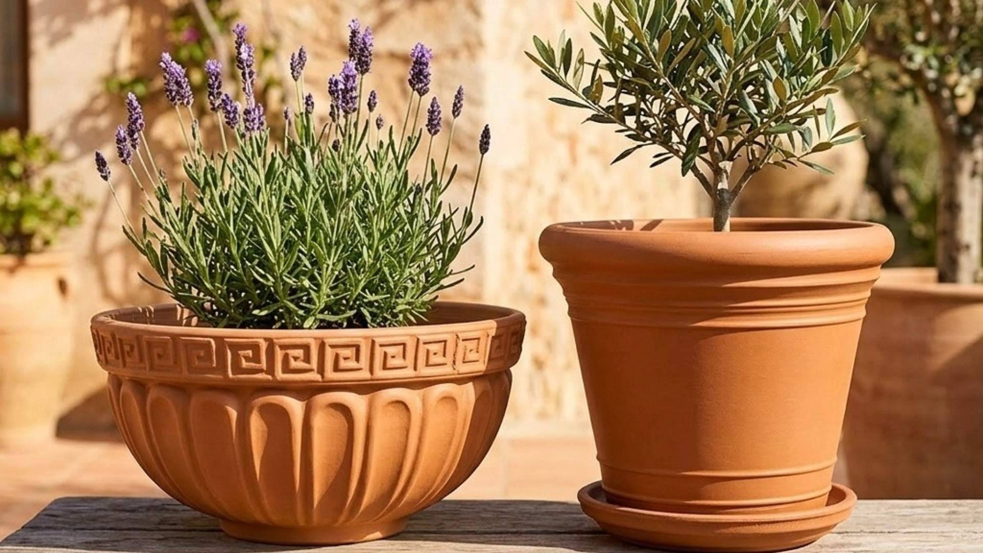 Las macetas grandes de barro refuerzan su protagonismo en la decoración exterior mediterránea